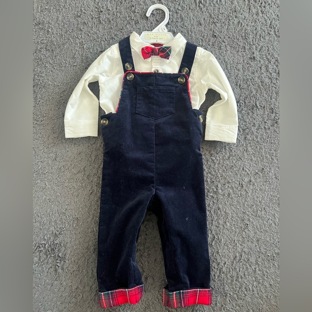 Max Studio Navy Overalls with White Shirt and Red Bow Tie